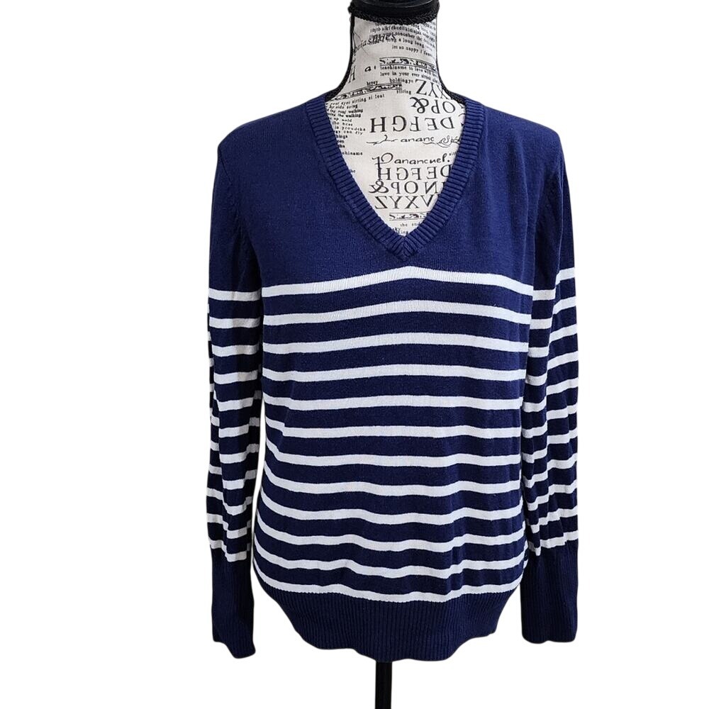 Merona blue and white striped v neck sweater size large
